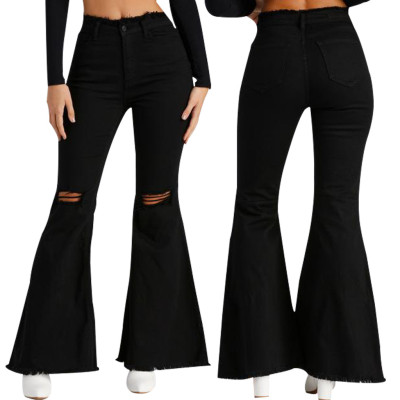 Fashion all-match wide-leg denim flared pants with holes in the knee