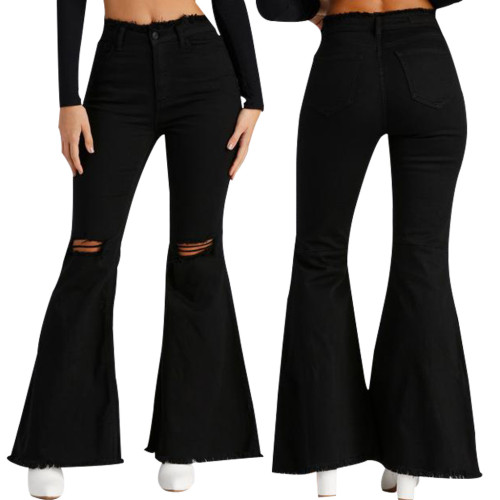 Fashion all-match wide-leg denim flared pants with holes in the knee