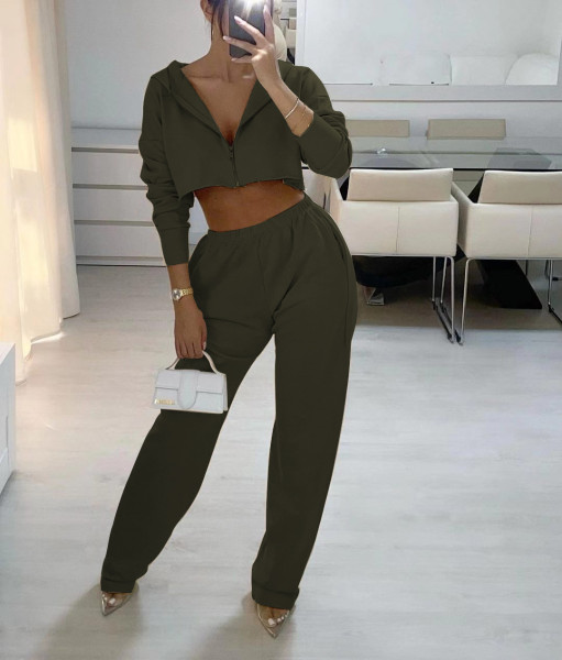 Women's hooded sweater + wide leg pants two-piece suit