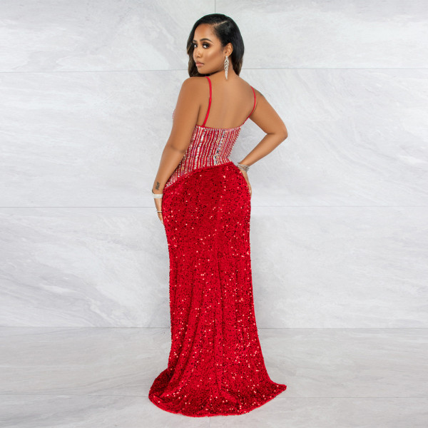 Sexy fashion sling irregular high slit sequin leaky back dress