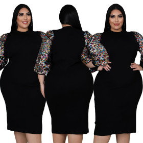 Women's clothing new sexy solid color sequined puff sleeve fat lady dress fat lady dress