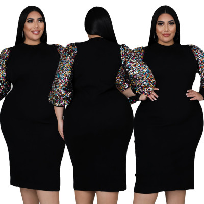 Women's clothing new sexy solid color sequined puff sleeve fat lady dress fat lady dress