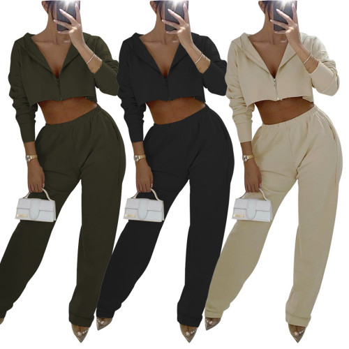 Women's hooded sweater + wide leg pants two-piece suit