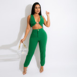 Fashion casual sleeveless short top women with slim pencil pants solid color two-piece suit