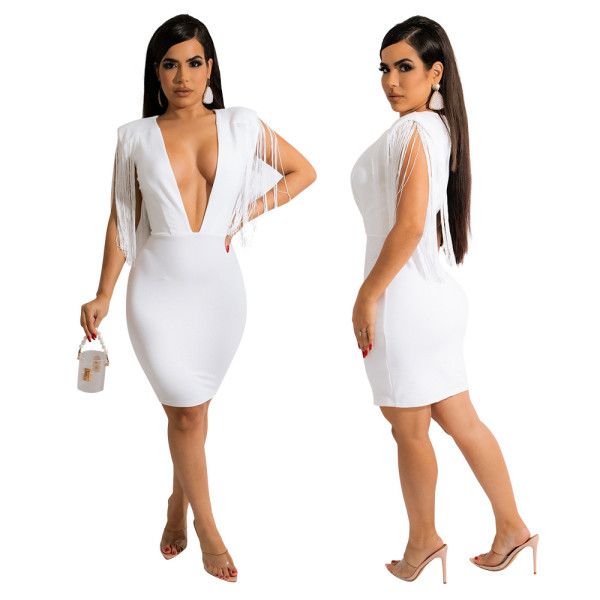 Fashion sexy solid color simple deep V-neck fringed sleeveless hip dress