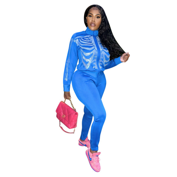 Fashion casual all-match hot diamond skull suit jacket + pants two-piece suit