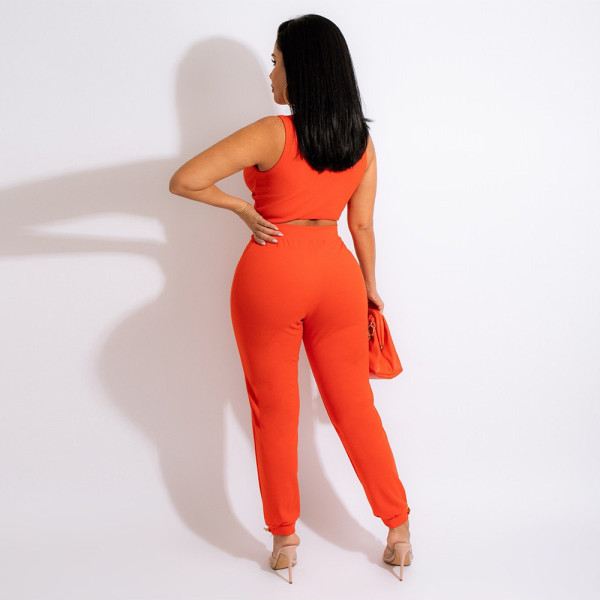Fashion casual sleeveless short top women with slim pencil pants solid color two-piece suit