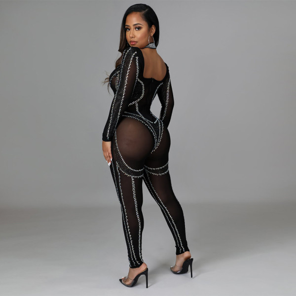 Fashion sexy casual one word collar hot rhinestone perspective skinny jumpsuit plastic