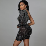 One-shoulder long-sleeved irregular hot diamond dress fashionable sexy nightclub style girl