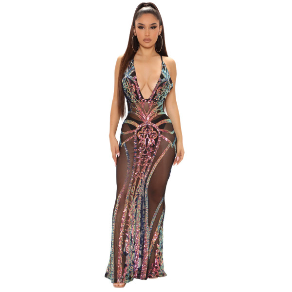 Fashion sexy deep v sling cross sequin dress without panties