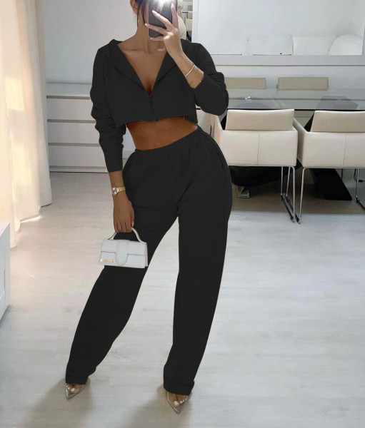Women's hooded sweater + wide leg pants two-piece suit
