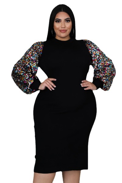 Women's clothing new sexy solid color sequined puff sleeve fat lady dress fat lady dress