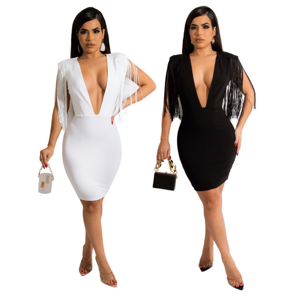 Fashion sexy solid color simple deep V-neck fringed sleeveless hip dress