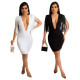 Fashion sexy solid color simple deep V-neck fringed sleeveless hip dress