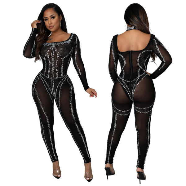 Fashion sexy casual one word collar hot rhinestone perspective skinny jumpsuit plastic