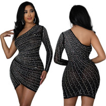 One-shoulder long-sleeved irregular hot diamond dress fashionable sexy nightclub style girl