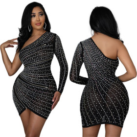 One-shoulder long-sleeved irregular hot diamond dress fashionable sexy nightclub style girl