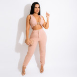 Fashion casual sleeveless short top women with slim pencil pants solid color two-piece suit