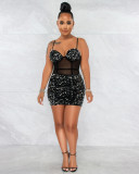 Flocking sequins see-through strap sexy dress