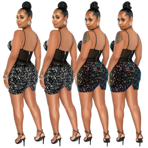 Flocking sequins see-through strap sexy dress