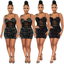 Flocking sequins see-through strap sexy dress