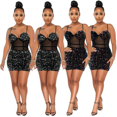 Flocking sequins see-through strap sexy dress