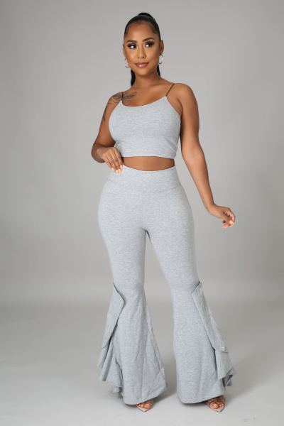 Women's Fashion New Ruffled High Waist Slim Flared Pants Two-Piece Set