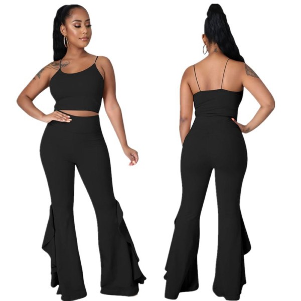 Women's Fashion New Ruffled High Waist Slim Flared Pants Two-Piece Set