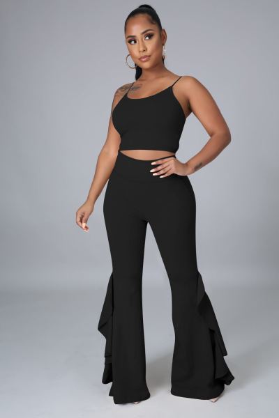 Women's Fashion New Ruffled High Waist Slim Flared Pants Two-Piece Set