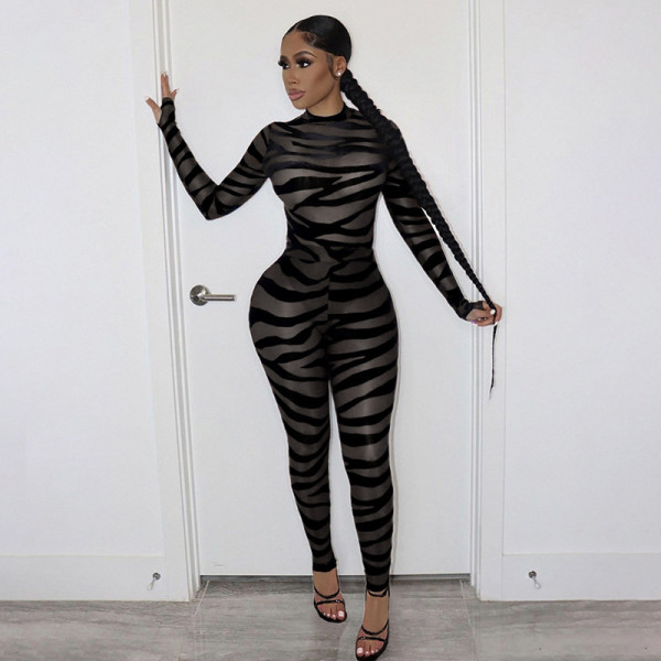 New product striped print see-through mesh sexy jumpsuit