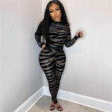 New product striped print see-through mesh sexy jumpsuit