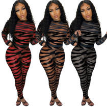 New product striped print see-through mesh sexy jumpsuit