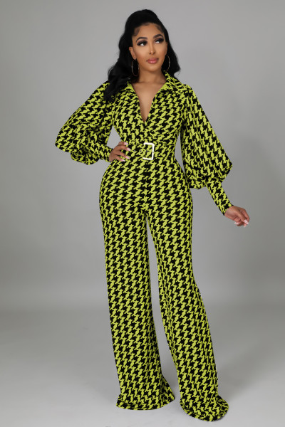 New printed lantern puff sleeve wide-leg jumpsuit (including belt)