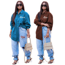 Blue lapel long-sleeved temperament commuter single-breasted cardigan plus size blouse