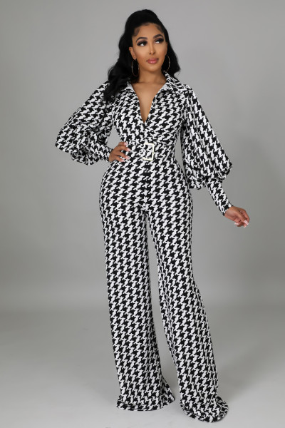 New printed lantern puff sleeve wide-leg jumpsuit (including belt)