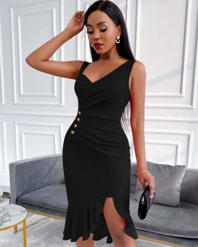 New sexy slanted collar pleated button crow's feet dress