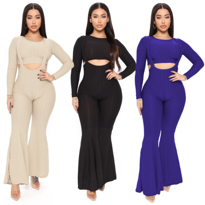 New yoga high elastic jacquard sling flared pants suit