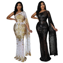 Fashion nightclub party dress see-through sequin one-shoulder long skirt without panties Fashion nightclub party dress see-through sequin one-shoulder long skirt without panties