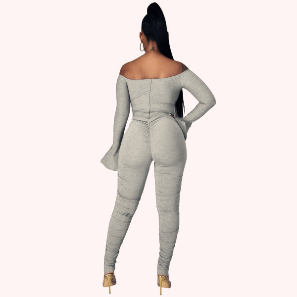 Women's new style horn-sleeved corn-eyes strappy wrinkled slit jumpsuit