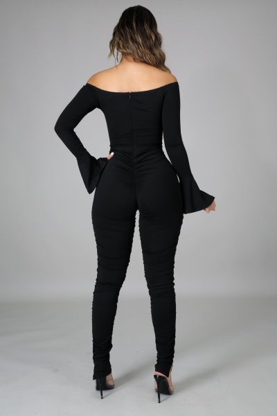 Women's new style horn-sleeved corn-eyes strappy wrinkled slit jumpsuit