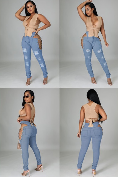 New style eyelet straps elastic wear sexy denim trousers