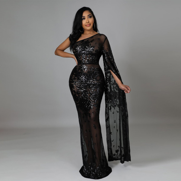 Fashion nightclub party dress see-through sequin one-shoulder long skirt without panties