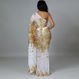 Fashion nightclub party dress see-through sequin one-shoulder long skirt without panties