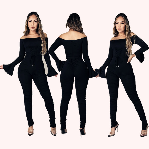 Women's new style horn-sleeved corn-eyes strappy wrinkled slit jumpsuit