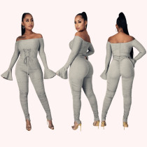 Women's new style horn-sleeved corn-eyes strappy wrinkled slit jumpsuit
