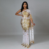 Fashion nightclub party dress see-through sequin one-shoulder long skirt without panties