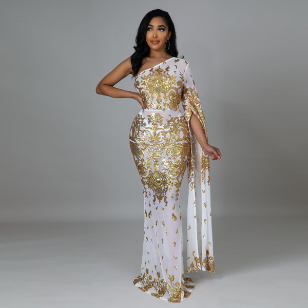 Fashion nightclub party dress see-through sequin one-shoulder long skirt without panties