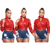 Women's new style flocked leather jacket long-sleeved button leather jacket