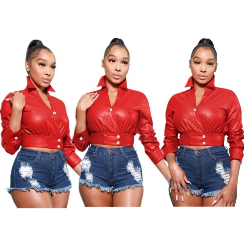 Women's new style flocked leather jacket long-sleeved button leather jacket