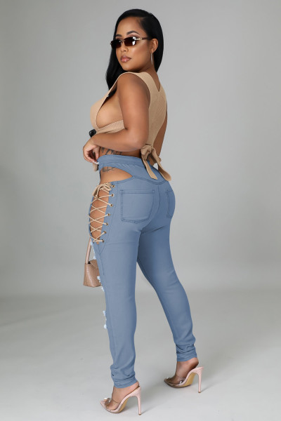 New style eyelet straps elastic wear sexy denim trousers